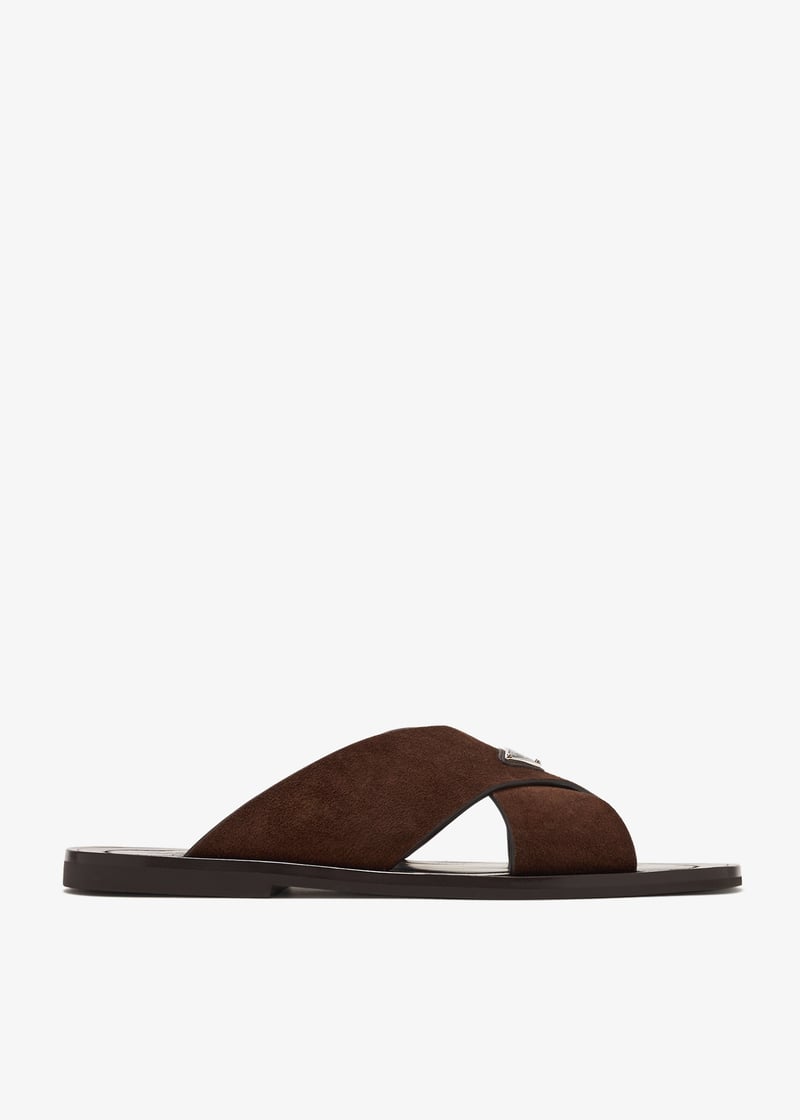 Prada suede crisscross slides dark brown